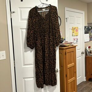 Terra & Sky Women’s Midi Leopard Print V Neck Button Dress